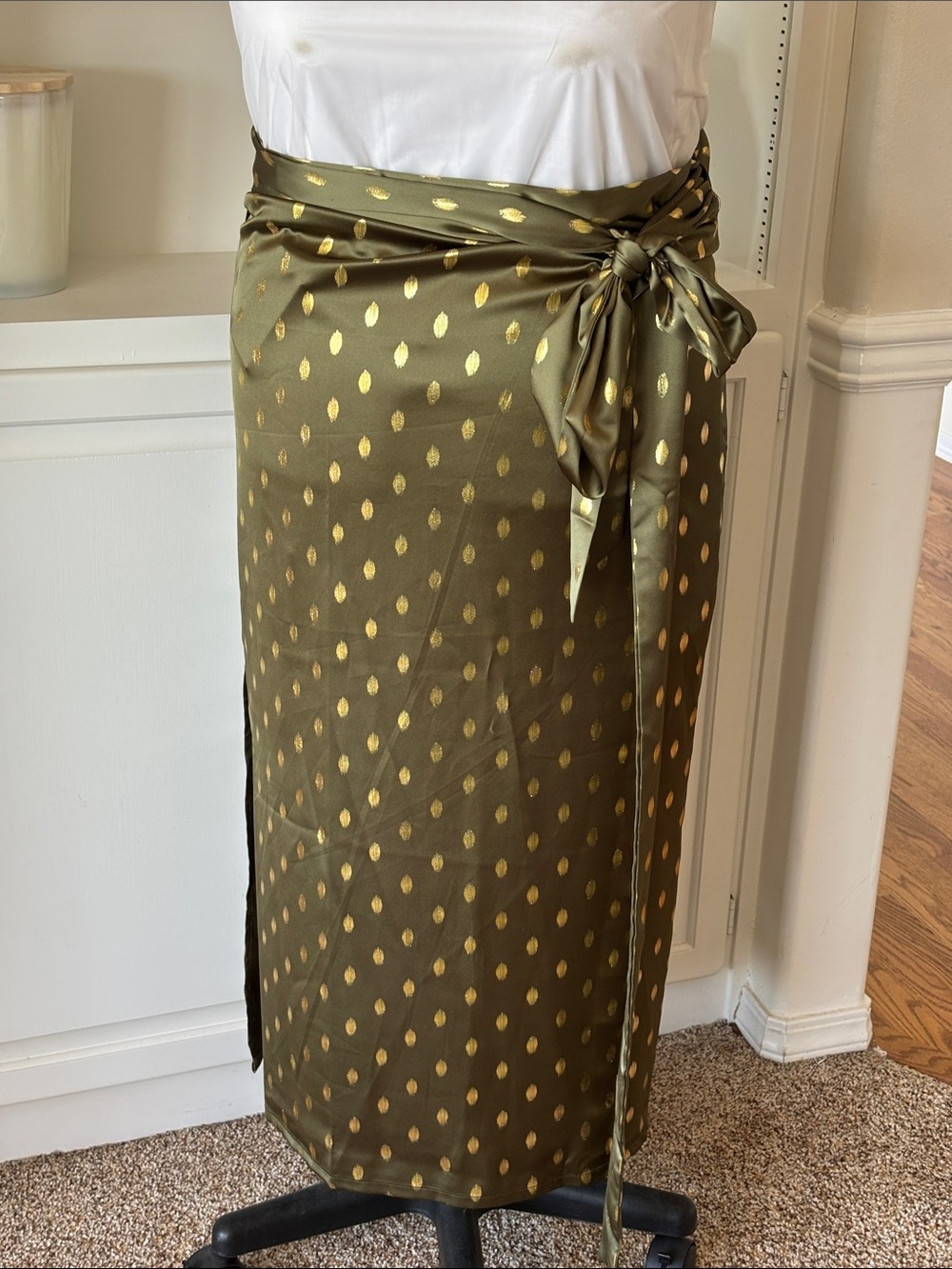 Never Fully Dressed Olive Green Maxi Skirt with Gold Dot Print